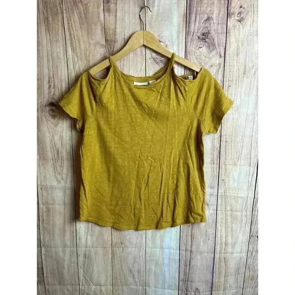 Maeve for Anthropologie Cut-Out Shoulder Tshirt Top Mustard Brown Size S